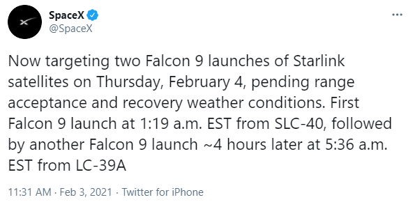 SpaceX将在2月4日连续发射2枚猎鹰9号火箭执行StarLink任务